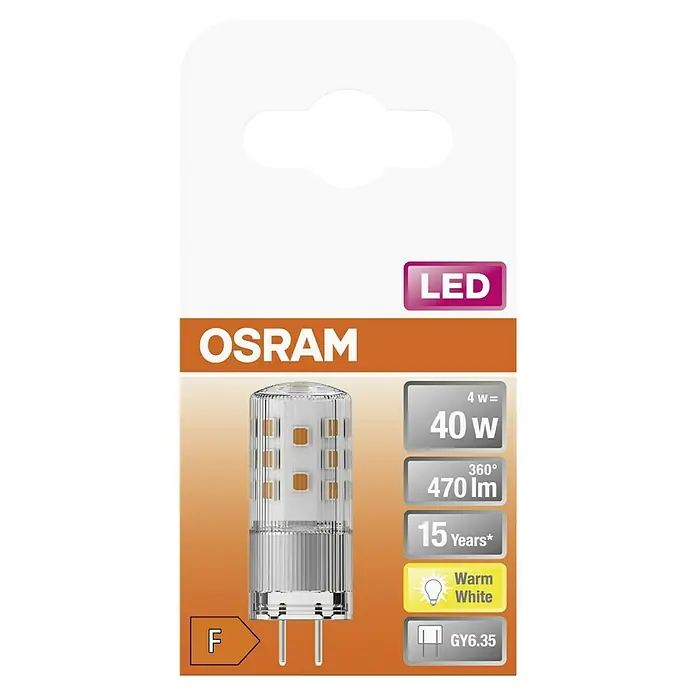 Osram LED-Lampe Pin GY6.35 - G6,35, Nicht Dimmbar, Warmweiß, 470 lm, 4 W - Nahaufnahme einer OSRAM LED-Lampe, die für ihre Energieeffizienz und warmweiße Beleuchtung bekannt ist, ideal für stimmungsvolle Umgebungen.