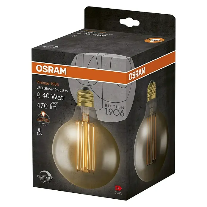 Osram LED-Lampe Vintage Edition 1906 Globe-Form E27 - E27, Dimmbar, Warmweiß, 470 lm, 5,8 W - Nahaufnahme einer OSRAM Vintage 1906 LED Globe 125 5.8 W Lampe in einer dekorativen Verpackung, die das Produkt hervorhebt.