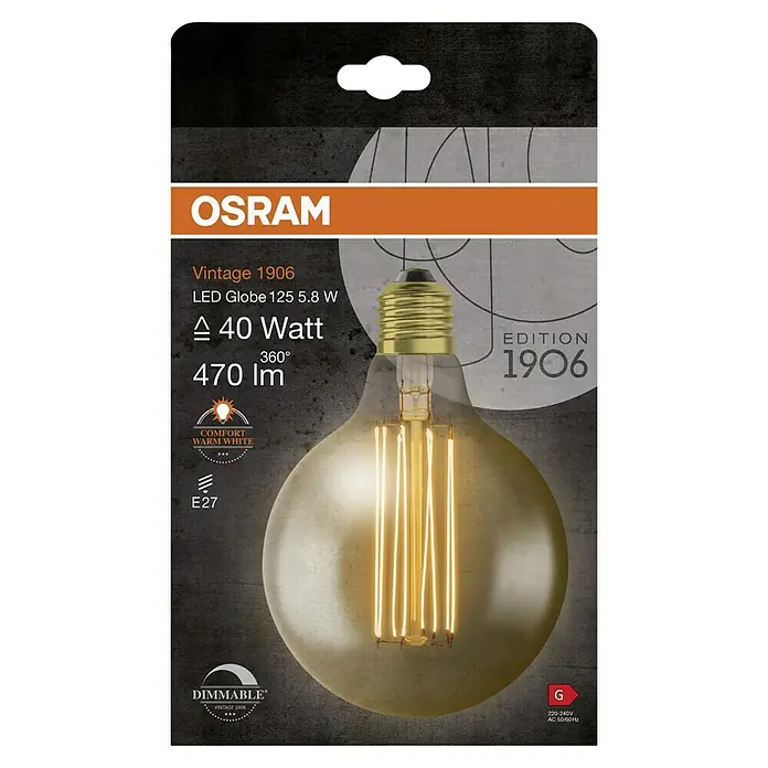 Osram LED-Lampe Vintage Edition 1906 Globe-Form E27 - E27, Dimmbar, Warmweiß, 470 lm, 5,8 W - Verpackung einer dimmbaren Osram Vintage 1906 LED Globe 125 5.8W Glühbirne mit 40 Watt, 470 Lumen und warmweissem Licht.