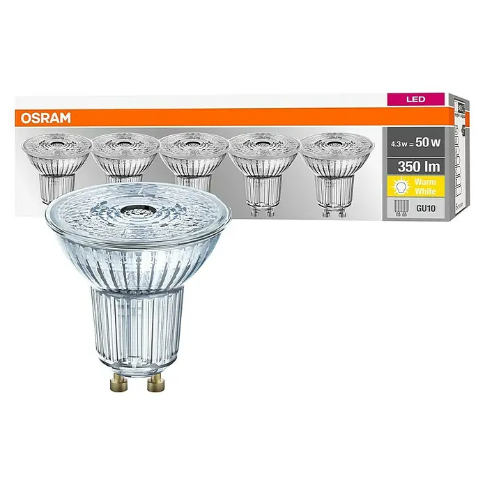 Osram LED-Lampen Set Reflektor GU10 - GU10, Nicht Dimmbar, Warmweiß, 350 lm, 4,3 W, 5 Stk. - Das Bild zeigt eine Osram LED Lampe GU10 mit Warmweiß-Funktion und 350 Lumen, 4.3W entspricht 50W.