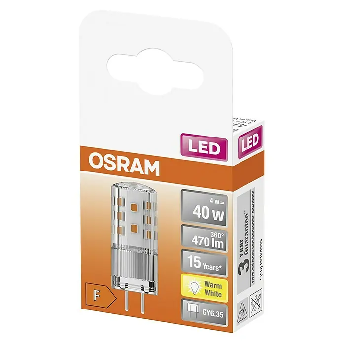 Osram LED-Lampe Pin GY6.35 - G6,35, Nicht Dimmbar, Warmweiß, 470 lm, 4 W - Die Verpackung einer OSRAM LED-Lampe mit 4W Leistung, die 40W entspricht, mit warmweißem Licht und GY6.35 Sockel.
