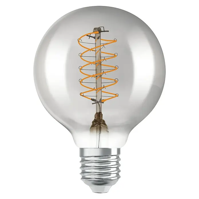 Osram LED-Lampe Vintage Edition 1906 Globe-Form E27 - E27, Dimmbar, Warmweiß, 360 lm, 7,8 W - Nahaufnahme einer dekorativen, runden LED-Glühbirne mit einem spiralförmigen Filament vor einem schwarzen Hintergrund.