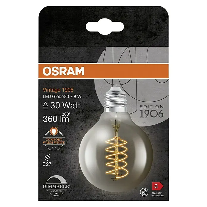 Osram LED-Lampe Vintage Edition 1906 Globe-Form E27 - E27, Dimmbar, Warmweiß, 360 lm, 7,8 W - Nahaufnahme einer OSRAM Vintage 1906 LED-Globe-Glühbirne, die warmweißes Licht ausstrahlt und ein dimmbares, nostalgisches Ambiente schafft.