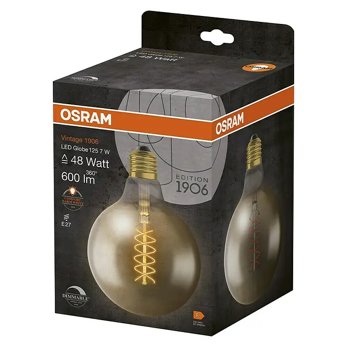Osram LED-Lampe Vintage Edition 1906 Globe-Form 125 E27 - E27, Dimmbar, Warmweiß, 420 lm, 4,8 W - Verpackung einer Osram Vintage 1906 LED Globe 125 7 W Lampe, 48 Watt, mit warmweißem Licht und E27-Sockel, ideal für stimmungsvolle Beleuchtung.