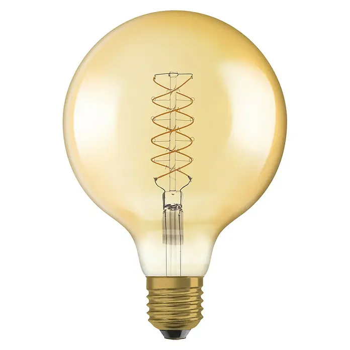 Osram LED-Lampe Vintage Edition 1906 Globe-Form 125 E27 - E27, Dimmbar, Warmweiß, 420 lm, 4,8 W - Nahaufnahme einer bernsteinfarbenen Edison-Glühbirne mit gewundenem Glühfaden, die ein warmes, nostalgisches Licht ausstrahlt.