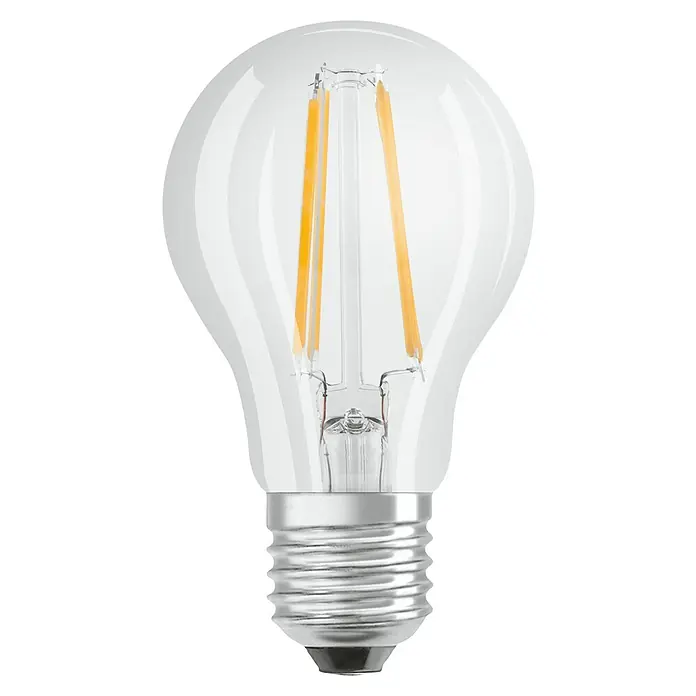 Osram LED-Lampen Set Base Classic - E27, Glänzend, Nicht Dimmbar, Warmweiß, 806 lm, 7 W, 6 Stk. - Nahaufnahme einer LED-Filamentlampe mit klarem Glas, die ihr warmes Licht und modernes Design zeigt.