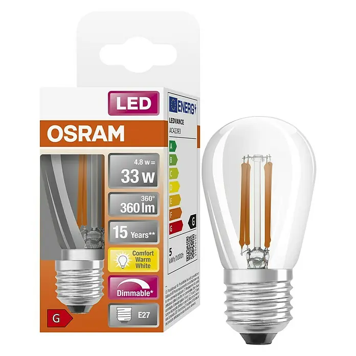 Osram LED-Lampe Vintage Glühlampenform E27 - E27, Dimmbar, Warmweiß, 360 lm, 4,8 W - Abbildung einer Osram LED-Lampe, energiesparend, warmweißes Licht, dimmbar und mit E27-Sockel für vielfältige Beleuchtungszwecke.