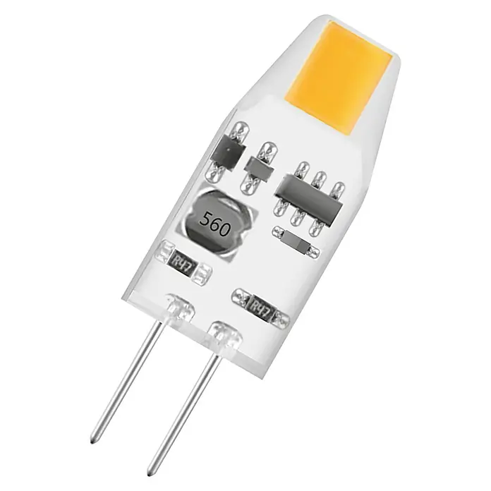 Osram LED-Lampe Pin G4 MR16 - G4, Nicht Dimmbar, Warmweiß, 100 lm, 1 W - Nahaufnahme einer G4 LED Lampe, die elektronische Komponenten und Stifte für den Anschluss zeigt. Energiesparend und langlebig.