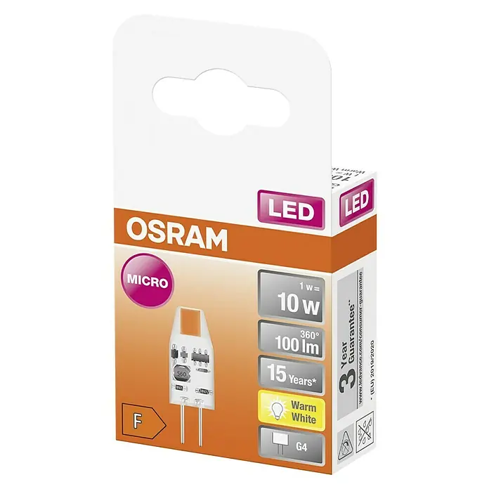 Osram LED-Lampe Pin G4 MR16 - G4, Nicht Dimmbar, Warmweiß, 100 lm, 1 W - Die LED-Lampe Micro G4 von Osram im Detail. Leistungsstark, warmweißes Licht, Energieeffizienzklasse F und lange Lebensdauer, verpackt.