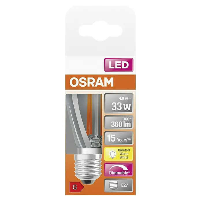Osram LED-Lampe Vintage Glühlampenform E27 - E27, Dimmbar, Warmweiß, 360 lm, 4,8 W - Verpackung einer OSRAM LED-Lampe E27, die warmweißes Licht mit 360 Lumen erzeugt und dimmbar ist. Die Lampe hat eine Lebensdauer von 15 Jahren.