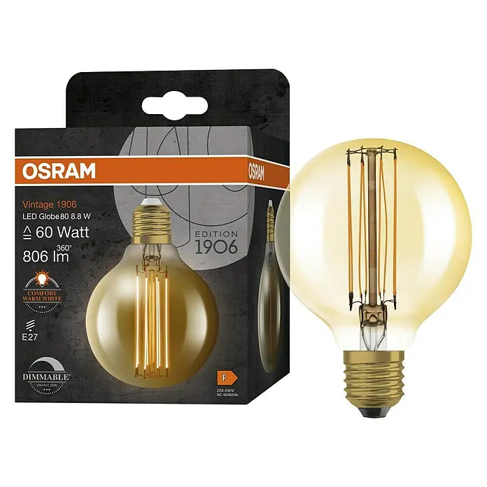 Osram LED-Lampe Vintage Edition 1906 Globe-Form E27 - E27, Dimmbar, Warmweiß, 806 lm, 8,8 W - Abbildung einer Osram Vintage 1906 LED-Glühbirne, Globe 80, mit 60 Watt, warmweißem Licht und Dimmfunktion, ideal für nostalgische Beleuchtung.
