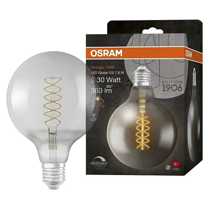 Osram LED-Lampe Vintage Edition 1906 Globe-Form E27 - Durchmesser: 12,4 cm, E27, Dimmbar, Warmweiß, 360 lm, 7,8 W - Osram Vintage 1906 LED Globe 125 7.8 W Lampe, eine stilvolle und dimmbare Glühbirne mit warmweißem Licht, ideal für dekorative Beleuchtung.