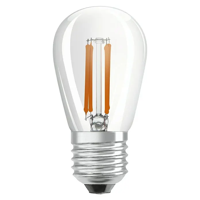 Osram LED-Lampe Vintage Glühlampenform E27 - E27, Dimmbar, Warmweiß, 360 lm, 4,8 W - Nahaufnahme einer LED-Filamentlampe mit klarem Glas und silbernem Sockel, die warmes Licht ausstrahlt.