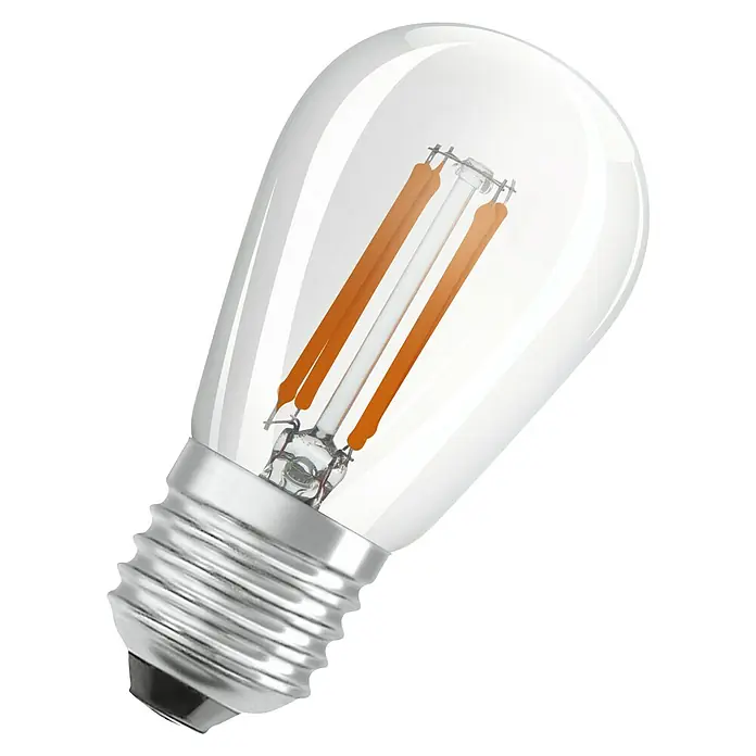 Osram LED-Lampe Vintage Glühlampenform E27 - E27, Dimmbar, Warmweiß, 360 lm, 4,8 W - Nahaufnahme einer klaren LED-Lampe mit zwei vertikalen Glühfäden und einem silbernen Sockel vor einem schwarzen Hintergrund.