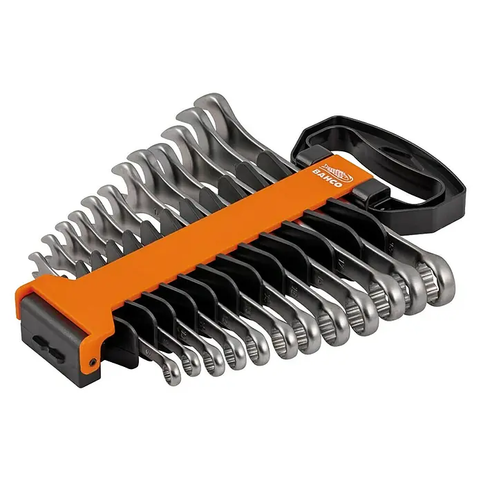 Bahco Ringmaulschlüssel-Satz - Schlüsselweite: 8 mm - 19 mm - Ein Set von Bahco Ringmaulschlüsseln in einer orangefarbenen Halterung, präsentiert für Werkstattbedarf.