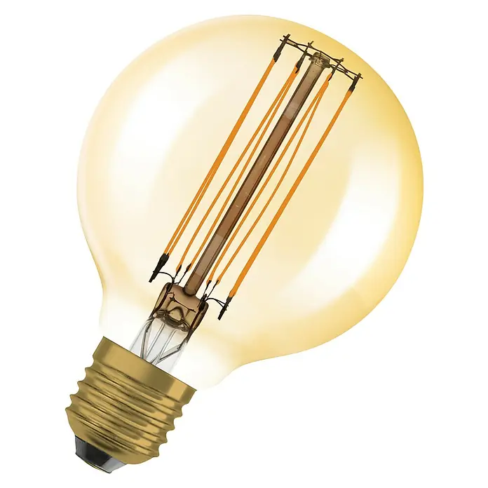 Osram LED-Lampe Vintage Edition 1906 Globe-Form E27 - E27, Dimmbar, Warmweiß, 470 lm, 5,9 W - Abbildung einer dekorativen Edison-Glühbirne mit warmem, bernsteinfarbenem Licht und sichtbaren Glühfäden.