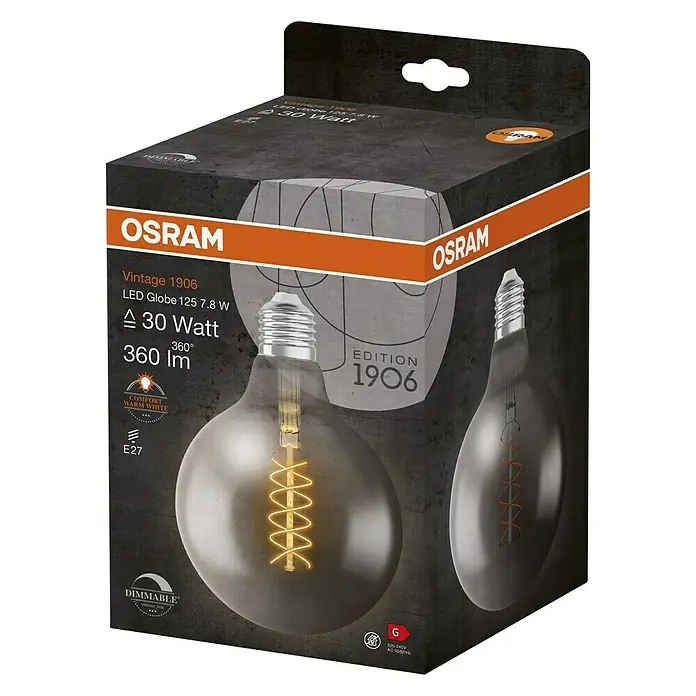 Osram LED-Lampe Vintage Edition 1906 Globe-Form E27 - Durchmesser: 12,4 cm, E27, Dimmbar, Warmweiß, 360 lm, 7,8 W - Die OSRAM Vintage 1906 LED Globe 125 7.8 W Lampe mit 30 Watt Leistung und warmweissem Licht, verpackt in einer ansprechenden Box.