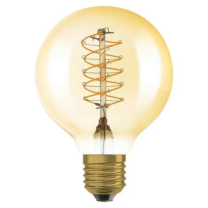 Osram LED-Lampe Vintage Edition 1906 Globe-Form 80 E27 - E27, Dimmbar, Warmweiß, 420 lm, 4,8 W - Nahaufnahme einer dekorativen LED-Glühbirne mit einem warmen, bernsteinfarbenen Glüheffekt und einem Vintage-Spiralfaden.