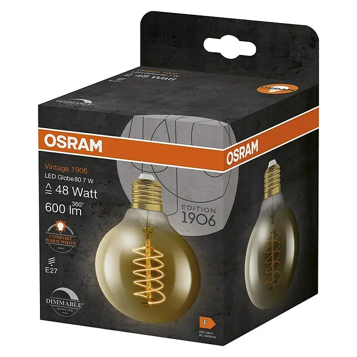Osram LED-Lampe Vintage Edition 1906 Globe-Form E27 - Durchmesser: 8 cm, E27, Dimmbar, Warmweiß, 600 lm, 7 W - Nahaufnahme einer OSRAM Vintage 1906 LED-Lampe Globe 80 7 W, die warmweißes Licht mit 600 lm und einer Leistung von 48 Watt liefert.