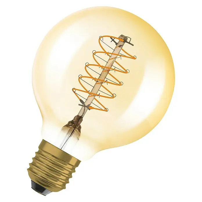Osram LED-Lampe Vintage Edition 1906 Globe-Form 80 E27 - E27, Dimmbar, Warmweiß, 420 lm, 4,8 W - Ein detailreiches Bild einer dekorativen Vintage-Glühbirne mit einem warmen, gelblichen Licht und einem spiralförmigen Glühfaden.
