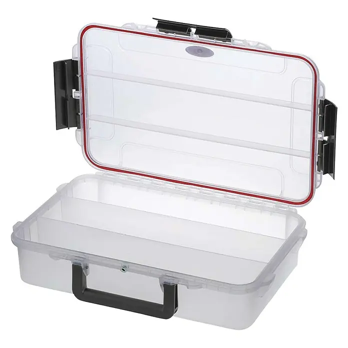 Wasserdichter Koffer MAXGRIP - L x B x H: 350 x 230 x 86 mm, Mit Unterteilungen, Transparent, Kunststoff - Geöffnete, transparente Tacklebox mit mehreren Fächern zur Aufbewahrung von Angelzubehör, ideal für organisierte Angeltouren.