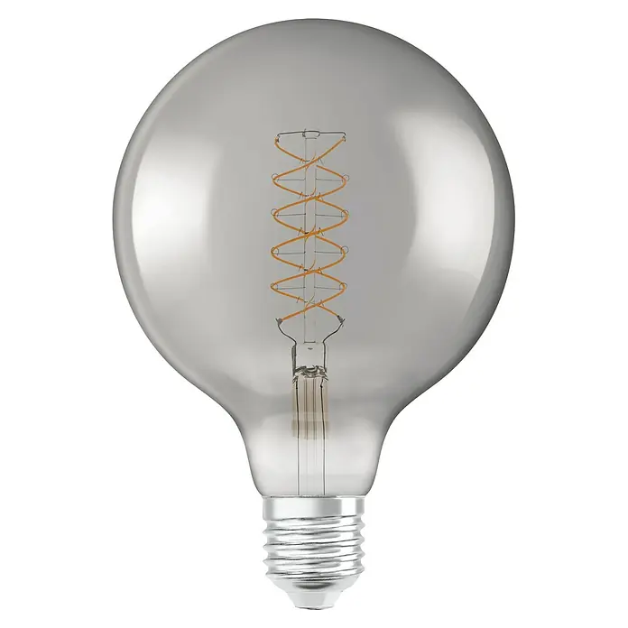 Osram LED-Lampe Vintage Edition 1906 Globe-Form E27 - Durchmesser: 12,4 cm, E27, Dimmbar, Warmweiß, 360 lm, 7,8 W - Nahaufnahme einer dekorativen LED-Lampe mit einem sichtbaren Glühfaden, die ein warmes, einladendes Licht verspricht.