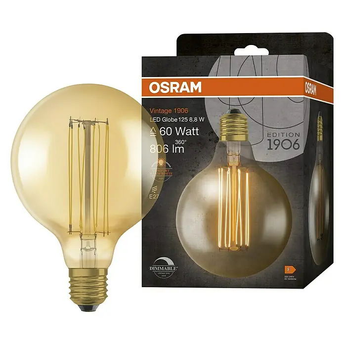 Osram LED-Lampe Vintage Edition 1906 Globe-Form E27 - Durchmesser: 12,4 cm, E27, Dimmbar, Warmweiß, 806 lm, 8,8 W - Produktbild einer Osram Vintage 1906 LED Globe 125 8.8 W Lampe, die eine warme, dimmbare Beleuchtung für nostalgische Akzente bietet.