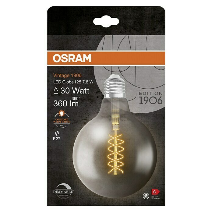 Osram LED-Lampe Vintage Edition 1906 Globe-Form E27 (Durchmesser: 12,4 cm, E27, Dimmbar, Warmweiß, 360 lm, 7,8 W) | BAUHAUS