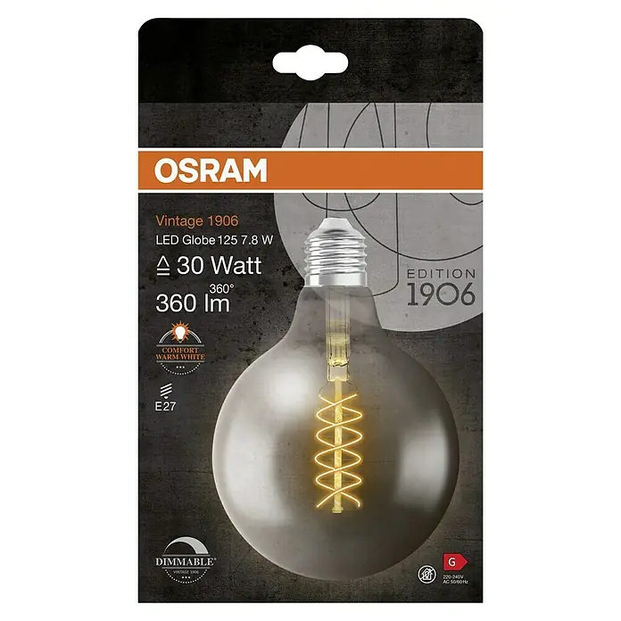 Osram LED-Lampe Vintage Edition 1906 Globe-Form E27 - Durchmesser: 12,4 cm, E27, Dimmbar, Warmweiß, 360 lm, 7,8 W - Osram Vintage 1906 LED-Globuslampe 125 mit 7,8 W, erzeugt 360 Lumen und ist dimmbar für eine angenehme, warmweiße Beleuchtung.