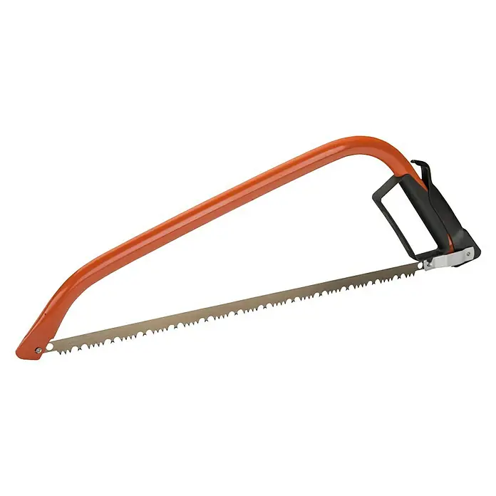 Bahco Bügelsäge SE-16-21 - Blattlänge: 530 mm, Trockenes Holz - Nahaufnahme einer Bügelsäge mit orangefarbenem Rahmen und scharfem Sägeblatt, ideal für Gartenarbeiten und Holzzuschnitte.