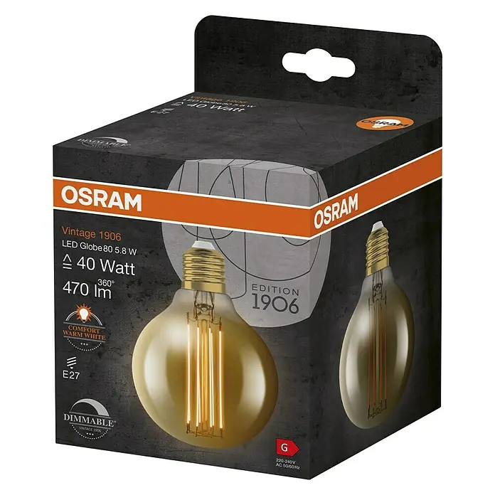 Osram LED-Lampe Vintage Edition 1906 Globe-Form E27 - E27, Dimmbar, Warmweiß, 470 lm, 5,9 W - Nahaufnahme der Osram Vintage 1906 LED Globe 80 5.8 W Lampe, die eine nostalgische Beleuchtung mit moderner Effizienz verbindet.