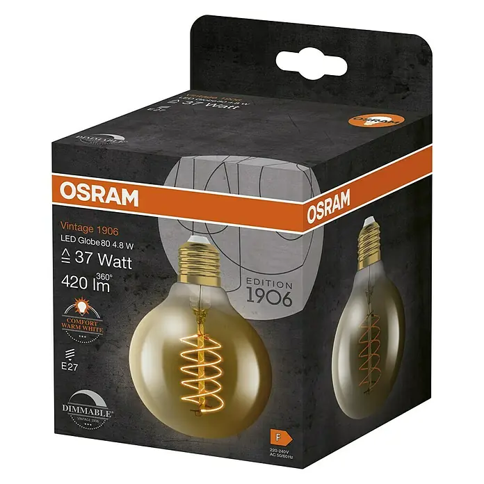 Osram LED-Lampe Vintage Edition 1906 Globe-Form 80 E27 - E27, Dimmbar, Warmweiß, 420 lm, 4,8 W - Nahaufnahme der Verpackung einer Osram Vintage 1906 LED Globe 80 4.8 W Glühbirne, die warmweißes Licht und Dimmbarkeit bietet.