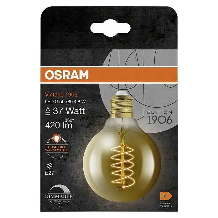 Osram LED-Lampe Vintage Edition 1906 Globe-Form 80 E27 - E27, Dimmbar, Warmweiß, 420 lm, 4,8 W - Nahaufnahme der Verpackung einer Osram Vintage 1906 LED-Globuslampe, die ein warmes, dimmbares Licht ausstrahlt.