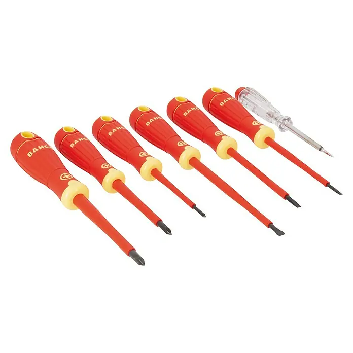 Bahco Schraubendreher-Set B220.027 - 7 -tlg., Schlitz und Kreuzschlitz PH - Sechs Bahco-Schraubendreher mit isolierten roten Griffen und unterschiedlichen Spitzen, darunter ein Spannungsprüfer.