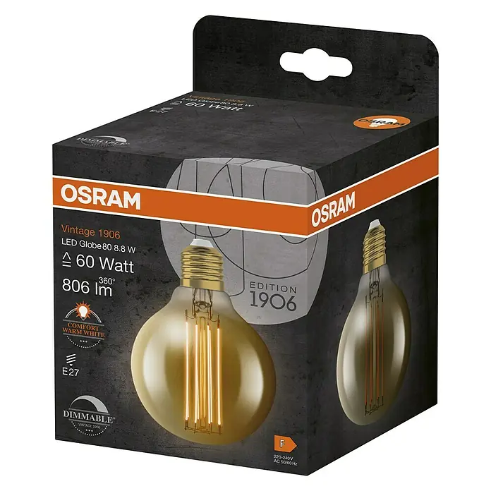 Osram LED-Lampe Vintage Edition 1906 Globe-Form E27 - E27, Dimmbar, Warmweiß, 806 lm, 8,8 W - Eine Verpackung einer Osram Vintage 1906 LED Globe 80 8.8W Lampe, die 60 Watt und 806 Lumen hat und dimmbar ist.