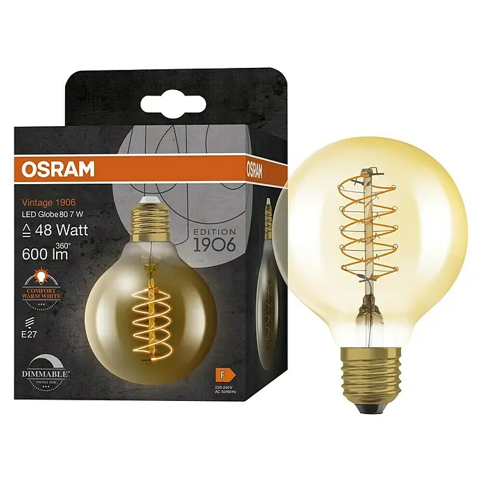 Osram LED-Lampe Vintage Edition 1906 Globe-Form E27 - Durchmesser: 8 cm, E27, Dimmbar, Warmweiß, 600 lm, 7 W - Nahaufnahme einer Osram Vintage 1906 LED Globe 80 7 W Lampe mit warmweißem Licht und dimmbarer Funktion, ideal für stimmungsvolle Beleuchtung.