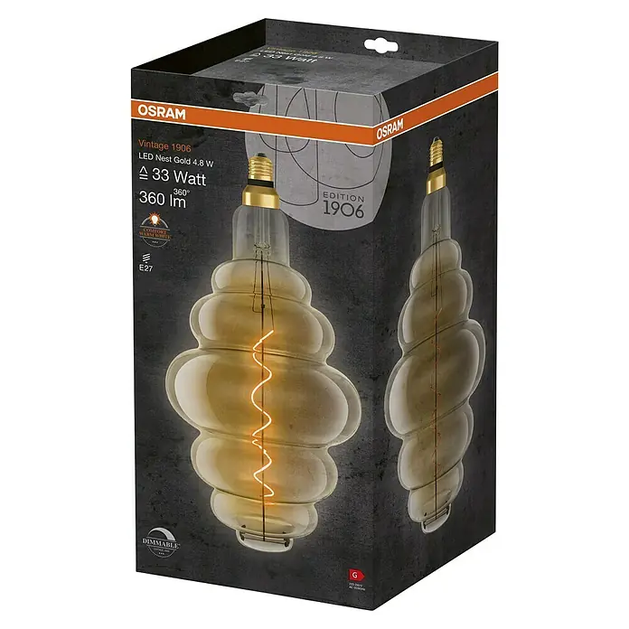 Osram LED-Lampe Vintage Edition 1906 Glühlampenform E27 - E27, Dimmbar, Warmweiß, 360 lm, 4,8 W - Eine Osram Vintage 1906 LED Nest Gold 4.8 W Lampe, die ein warmes, dimmbares Licht abgibt und mit ihrem Vintage-Look überzeugt.