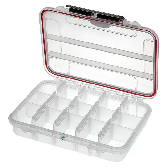 Wasserdichter Koffer MAXGRIP 3 - 15 Fächer - L x B x H: 175 x 115 x 47 mm, Mit Unterteilungen, Transparent, Kunststoff - Klare Tackle-Box mit roten Dichtungen und verstellbaren Fächern, ideal zum Organisieren von Angelzubehör und Kleinteilen.