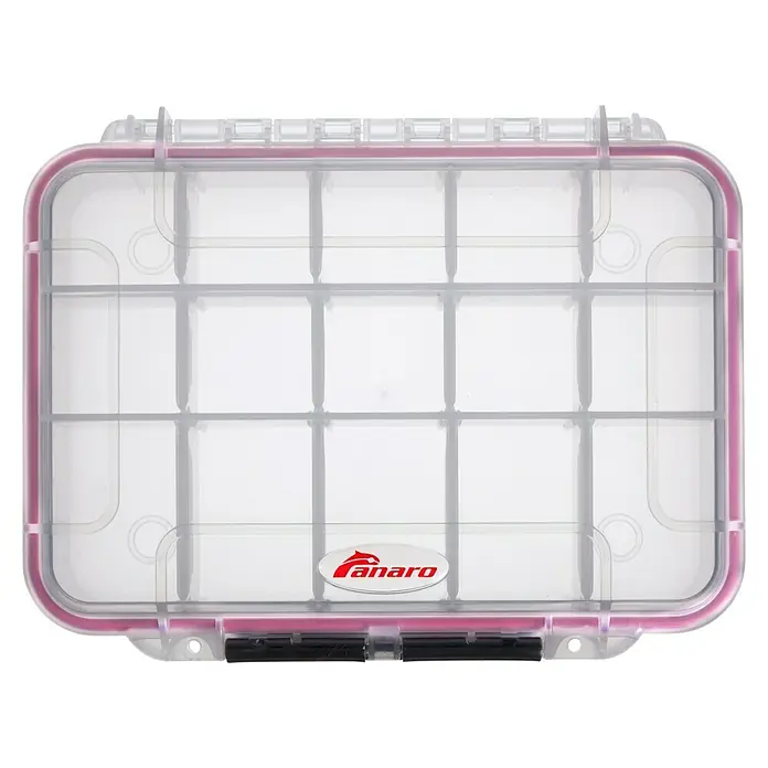 Wasserdichter Koffer MAXGRIP 3 - 15 Fächer - L x B x H: 175 x 115 x 47 mm, Mit Unterteilungen, Transparent, Kunststoff - Transparente Angelbox von Plano mit rosa Akzenten und Fächern zur ordentlichen Aufbewahrung von Angelzubehör.