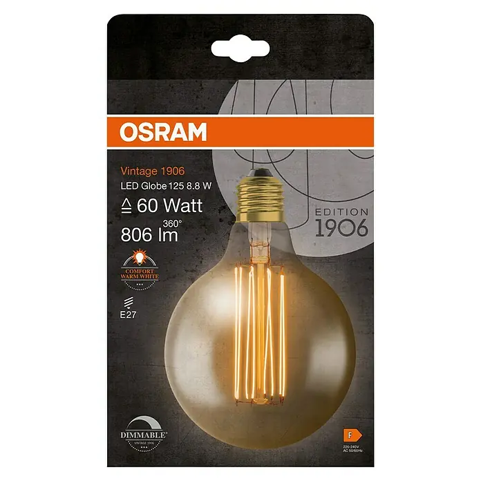 Osram LED-Lampe Vintage Edition 1906 Globe-Form E27 - Durchmesser: 12,4 cm, E27, Dimmbar, Warmweiß, 806 lm, 8,8 W - Das Bild zeigt die Verpackung einer Osram Vintage 1906 LED-Lampe, Globe 125, mit 8,8W, die ein warmweißes Licht erzeugt und dimmbar ist.