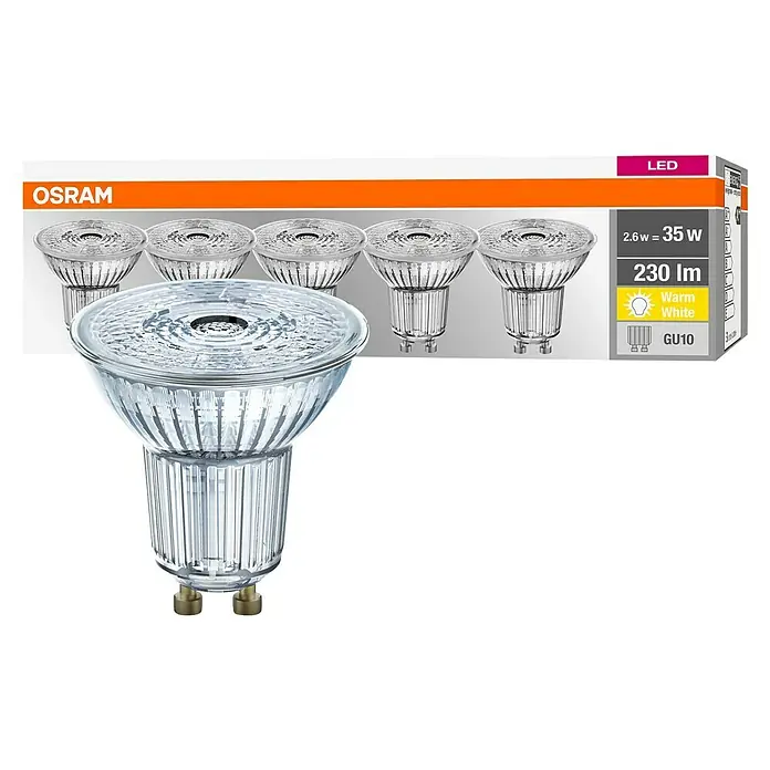 Osram LED-Lampen Set Reflektor GU10 - GU10, Nicht Dimmbar, Warmweiß, 230 lm, 2,6 W, 5 Stk. - Ein klares Bild einer GU10 LED-Lampe von Osram, bekannt für ihre Energieeffizienz und warmweißes Licht, ideal für jede moderne Beleuchtung.