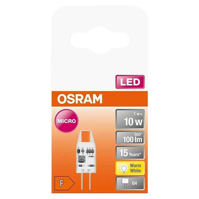 Osram LED-Lampe Pin G4 MR16 - G4, Nicht Dimmbar, Warmweiß, 100 lm, 1 W - Verpackung einer Osram Micro LED G4 Lampe, 1W entspricht 10W, 100 Lumen, warmweiß, mit einer Lebensdauer von 15 Jahren.
