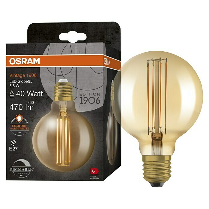 Osram LED-Lampe Vintage Edition 1906 Globe-Form E27 (Durchmesser: 9,5 cm, E27, Dimmbar, Warmweiß, 470 lm, 5,9 W) | BAUHAUS