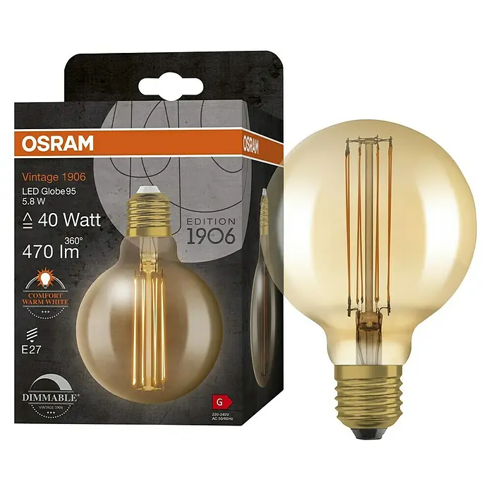 Osram LED-Lampe Vintage Edition 1906 Globe-Form E27 - Durchmesser: 9,5 cm, E27, Dimmbar, Warmweiß, 470 lm, 5,9 W - Produktbild einer Osram Vintage 1906 LED-Lampe Globe 95, 5.8W, mit warmweißem Licht und dimmbar, für eine gemütliche Atmosphäre.