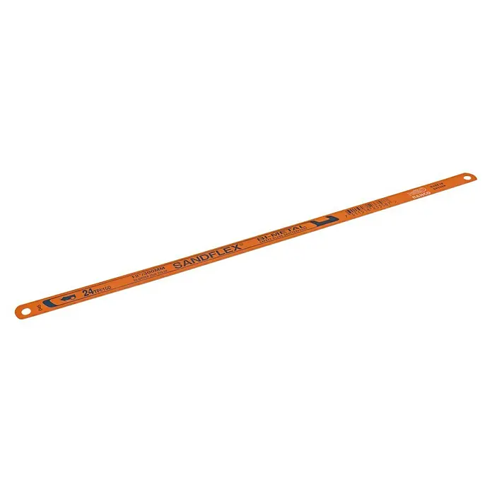 Bahco Ersatz-Metallsägeblätter 3906-300-24 - Blattlänge: 300 mm, 10 -tlg. - Abgebildetes Produkt: Ein orangefarbenes Bahco Sandflex Bi-Metall Sägeblatt, ideal für präzise Schnitte.