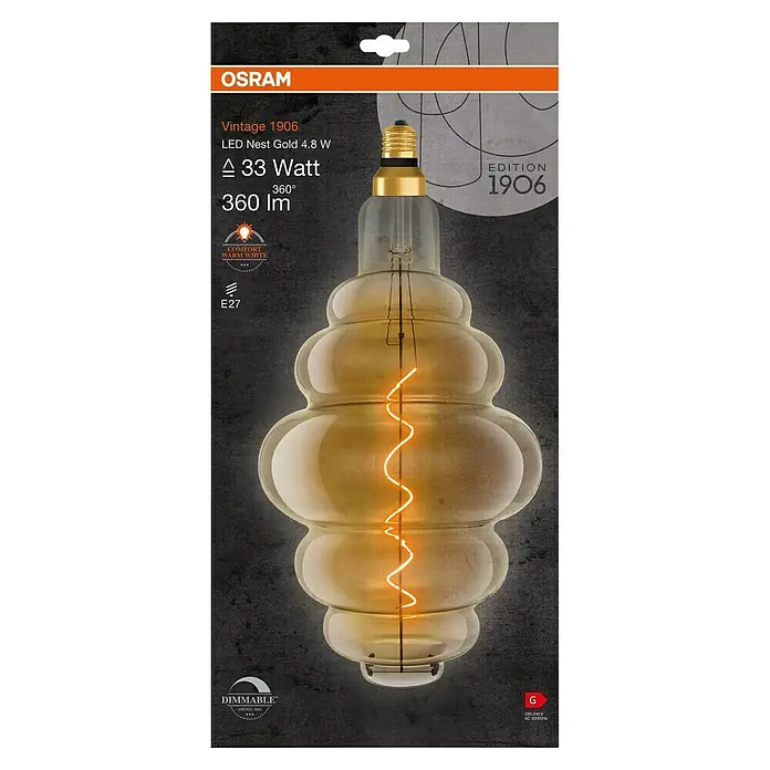 Osram LED-Lampe Vintage Edition 1906 Glühlampenform E27 - E27, Dimmbar, Warmweiß, 360 lm, 4,8 W - Produktverpackung einer Osram Vintage 1906 LED Nest Gold 4.8 W Lampe, die mit 33 Watt betrieben wird und 360 Im liefert.