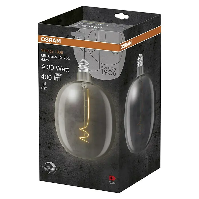 Osram LED-Lampe Vintage Edition 1906 Globe-Form E27 - E27, Dimmbar, Warmweiß, 400 lm, 4,8 W, Farbe: Klar - Ein Osram Vintage 1906 LED Classic D170G Leuchtmittel mit 4,8 W Leistung, das ein warmes, dimmbares Licht mit 400 Lumen erzeugt.