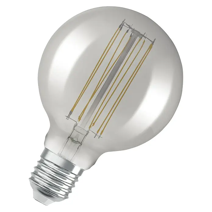 Osram LED-Lampe Vintage Edition 1906 Globe-Form 125 E27 - E27, Dimmbar, Warmweiß, 500 lm, 11 W - Nahaufnahme einer LED-Filament-Glühbirne mit klarem Glaskörper, die ihr Innenleben und ihr warmes Lichtdesign zur Schau stellt.