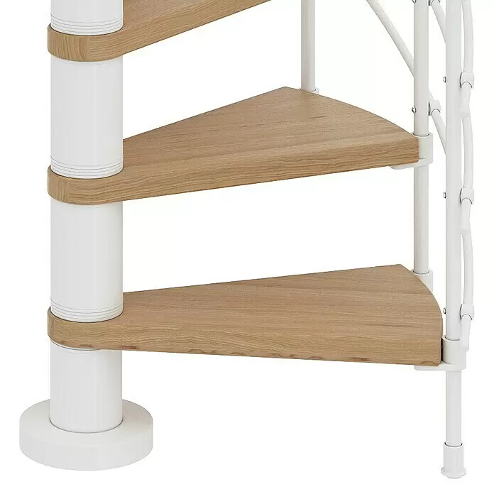 Dolle Spindeltreppe Oslo - Durchmesser: 120 cm, Weiß, Farbe Stufen: Eiche Natur, Geschosshöhe: 252 cm - 276 cm - Treppenstufen einer Wendeltreppe aus hellem Holz mit weißer Mittelsäule und Geländer.