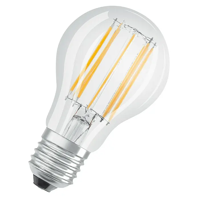Osram LED-Lampen Set Glühlampenform E27 klar - E27, Nicht Dimmbar, Warmweiß, 1.521 lm, 11 W, Klar - Nahaufnahme einer OSRAM LED-Filamentlampe mit klarem Glas und E27-Sockel, die warmweißes Licht ausstrahlt.